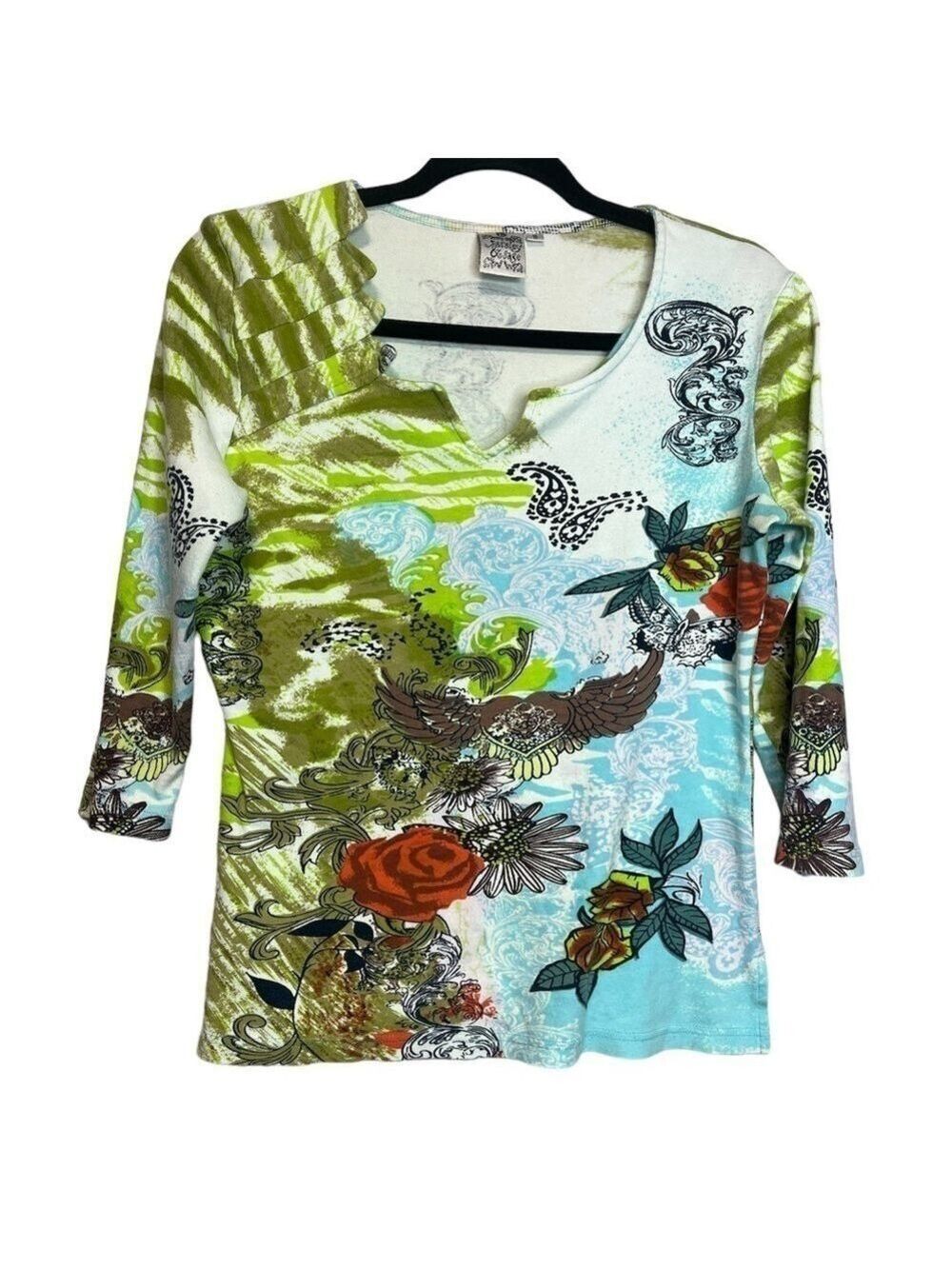 Parsley & Sage 3/4 Sleeve V Neck Printed Multi Colour Soft Cotton Top, size S
